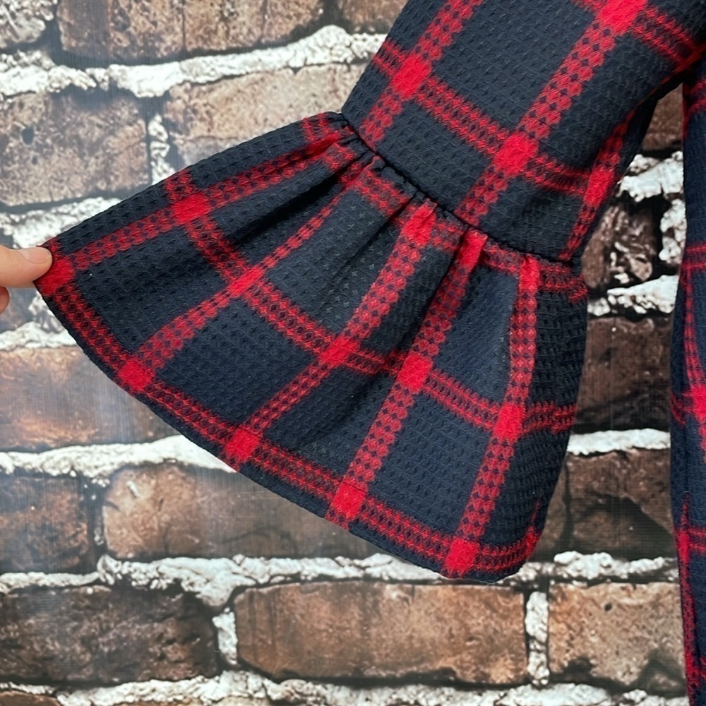 Entro Jacket Women's M Medium Blue Red Plaid Flare Sleeves Waffle Full Zip - Picture 10 of 16